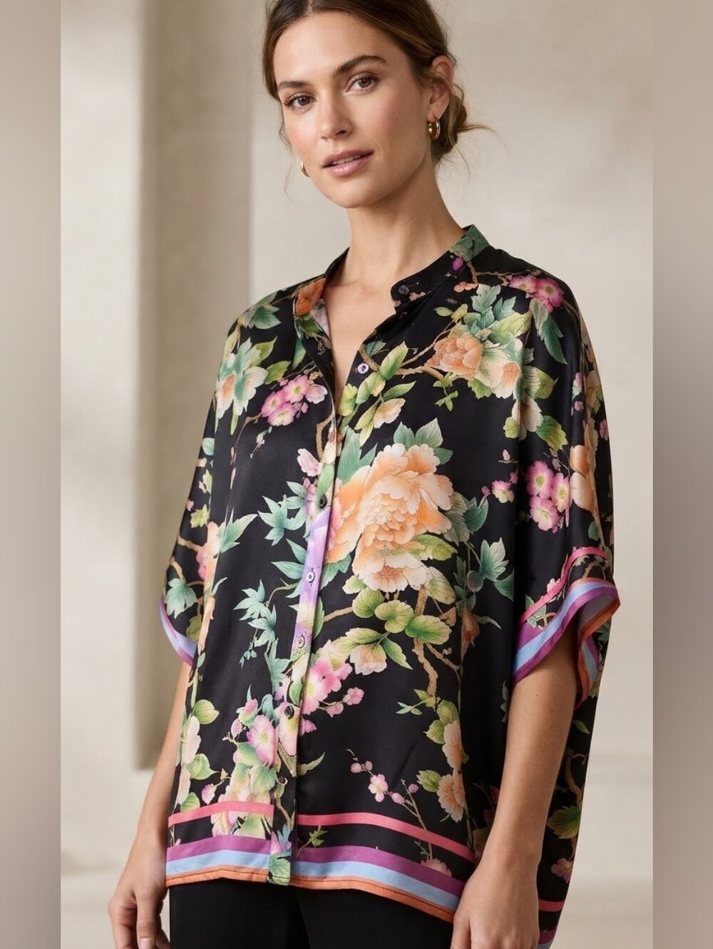 Johnny Was Silk Floral Short-Sleeve Button Black with Multicolor Blooms Top